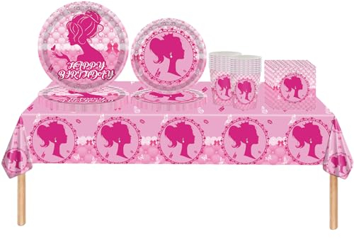 Set di 69 tovaglie, piatti di carta, tovaglioli e bicchieri, per feste in plastica, per bambine, baby shower, Bar-bie, decorazioni per feste di compleanno, colore: rosa acceso