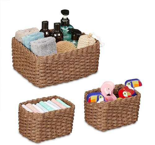 Relaxdays Aufbewahrungskorb geflochten, 3er Set, 2 Größen, Badezimmerkorb, Schrank & Regal, Papierseil, Dekokörbe, braun