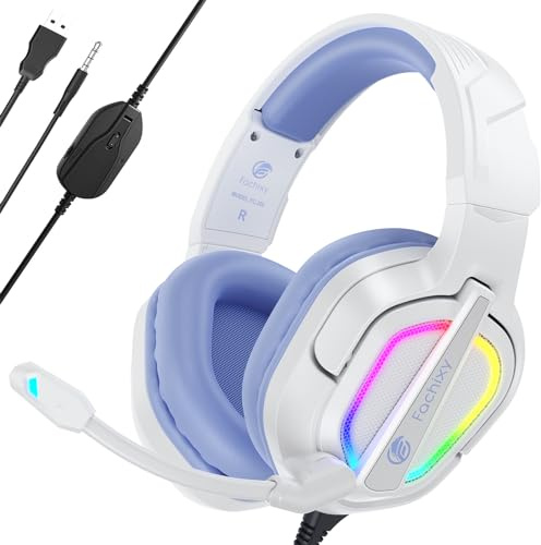Fachixy FC200 Gaming-Headset für PS4/PS5/PC/Xbox One, Geräuschunterdrückung, Gaming-Kopfhörer, Headset mit Stereo-Mikrofon-Sound mit 3,5-mm-Klinkenstecker mit RGB-Licht - Weiss-LILA