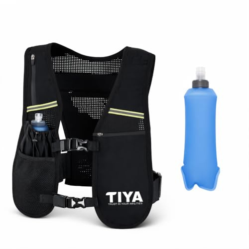 TIYA Hydration Running Vest with Water Bottle - Waterproof Phone Pouch, Extra Running Accessories Pockets – Lightweight, Adjustable, Reflective Runners Gear For Men Women – Black (WITH 500ml Bottle)