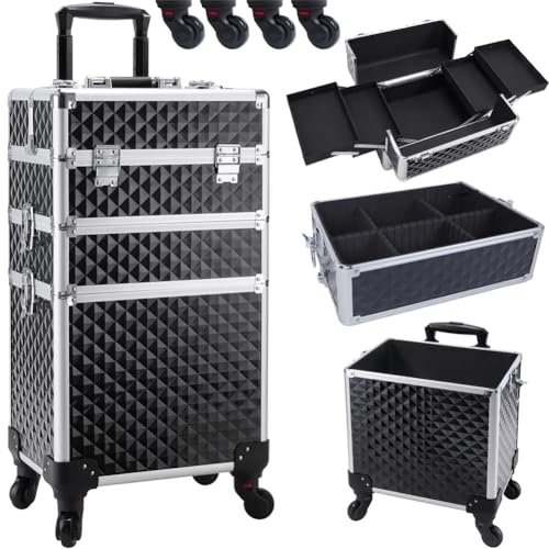 BAKAJI Trolley Make Up 3 en 1 Professionnel avec Trame Holéographique à Triangulaire, Beauty Case Esthéticienne Portable, Valise de Maquillage avec Roues Détachables, Valise Organisateur Maquillage