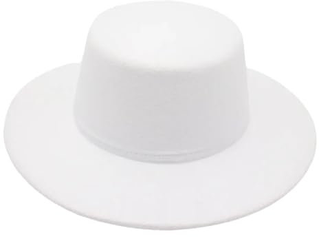Fedora-Hut für Herren, 10 cm, große breite Krempe, feste Wolle, Jazz, flache Krempe, Filzhut, Damenhut, Weiß, 75 cm, 7/7 3/8