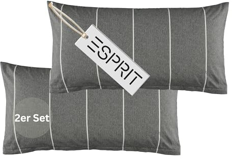 Esprit Home 2er Set Premium Kopfkissenbezug 40x80 Baumwolle - Anthrazit - 2teilig - Kopfkissenbezüge mit Esprit-Logo gestickt - Doubleface - farblich passend zur Bettwäsche mit Reißverschluss