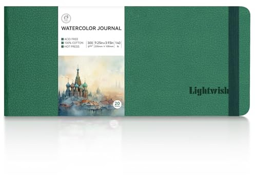 Lightwish Aquarell-Tagebuch, 100% Baumwolle, heißgepresst, Aquarellpapier, Skizzenbuch, 23,5 x 10 cm, 20 Blatt (300 g/m²), säurefrei, für Aquarell, Gouache, Acryl