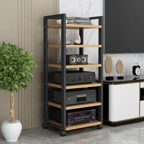 SGKOMN Beweglicher Medienständer mit 6 Ebenen, Audio-/Video-Rack, CD-Player-Ständer, Aufbewahrungsschrank für Stereokomponenten mit höhenverstellbarem Holzregal für Zuhause/Büro/T(A-50x40x120cm)