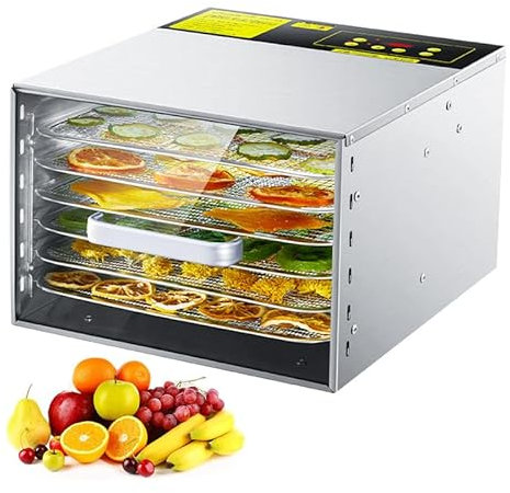 déshydrateur Alimentaire en Acier Inoxydable, séchoir à Fruits à 6 Plateaux avec Livre de Recettes Gratuit, réglage de la température de 30 à 90 ℃, avec minuterie numérique 24 Heures, pour légumes