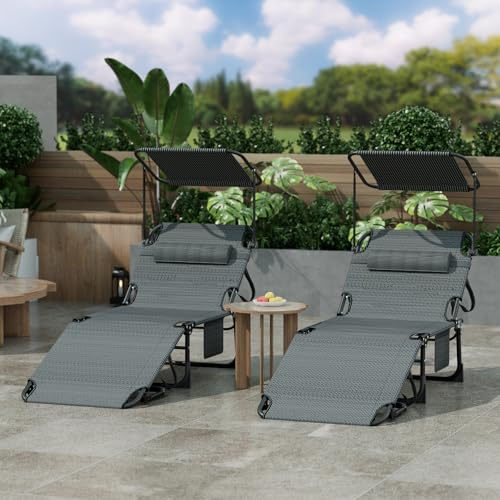 arvioo Sonnenliege, dein Sommerbegleiter, Klappbare Gartenliege mit Dach & Kopfstütze & Seitentasche & Trageschlaufen, 4 Positionen, extra breit B68 x L194 x H30 cm, Liegestuhl aus Metall(2er, Schwarz