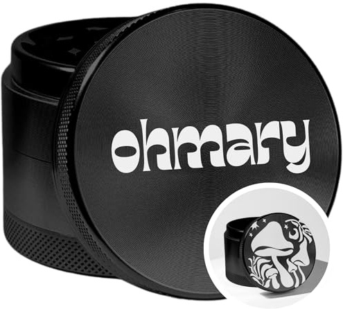 Ohmary Crusher, Grinder, Mühle, 5,5 cm, 4-teilig, Set incl. Scraper Catcher, Premium Aluminium, Edelstahl, Kräuter, Gewürze, Schwarz (Black)