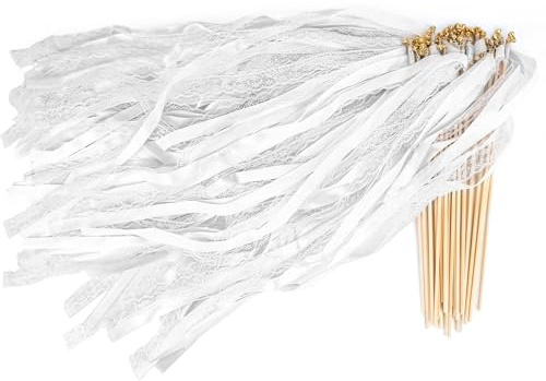 30 Stück Wedding Wands mit Glocke, Zauberstäbe Hochzeit Luftschlangen, Wedding Wands Hochzeit, Hochzeit Stäbe Seidenfeenstab für Hochzeiten, Geburtstage, Feiertagsfeiern Verwendet (Weiß）