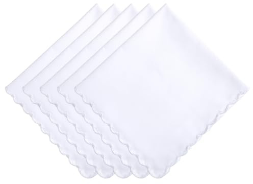 QFGasre 5 Pcs Handkerchiefs Cotton Scalloped Hankies Soft White Men's Handkerchiefs Large Hankies for Suits Pocket Square Towel for Men Women
