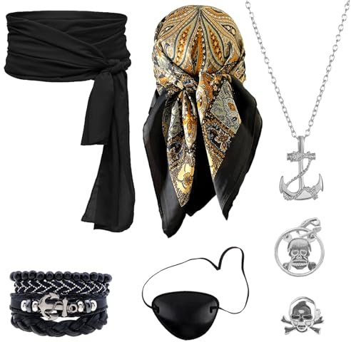 AUNGCSHE 7PCS Mittelalter Pirate Accessories, Piratenkostüm Damen und Herren Es Gibt Hüfttuch, Kopftuch, Augenmaske, Halskette, Ohrringe, Ring, Armband, für Halloween Cosplay Party (Schwarz)