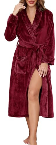 Lovasy Dressing Gown Womens Ladies Fluffy Fleece Dressing Gown Warm and Cosy Long Robe with Shawl Collar Soft Fleece Plush Bathrobe Housecoat with 2 Pockets,Wine Red,L