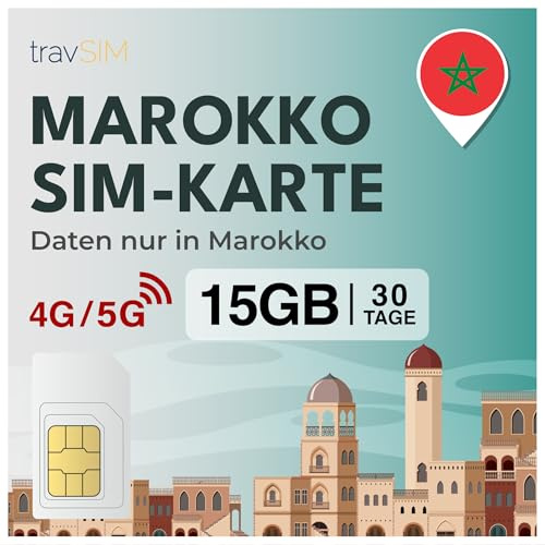travSIM SIM-kort Marocko | 30 dagar - 15 GB data SIM | Höghastighets 5G/4G-data | Obegränsad internetåtkomst för Google, Facebook, Whatsapp, Instagram och mycket mer