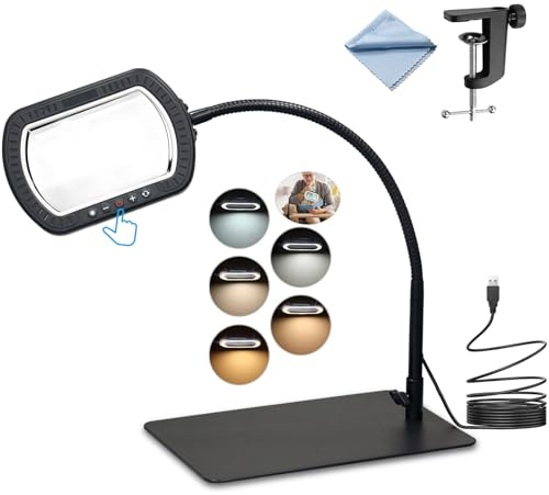 eSynic 10X HD Desk Magnifying Glass Rectangular Desktop Magnifier Lamp with 72 LED Light| 5 * 3″ Metal Stand| Clamp On&Tabletop| 45cm Gooseneck| Hands Free for Hobbies Craft Reading Sewing etc