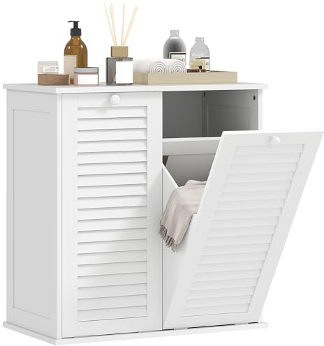 HOMCOM Meuble Salle de Bain avec Panier à Linge, Armoire Salle de Bain en Bois avec Portes persiennes et 2 paniers, Corbeille à Linge, pour Toilette, buanderie, 70 x 38 x 73 cm, Blanc