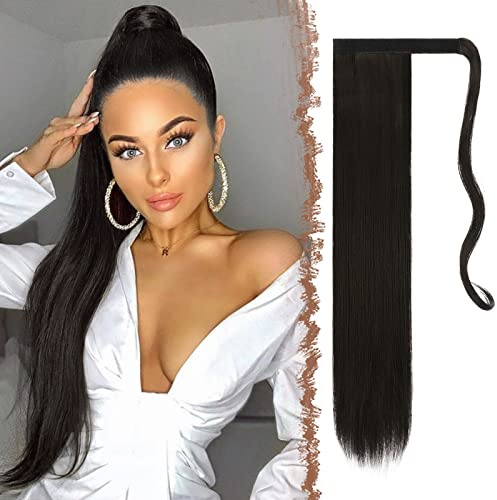 FESHFEN Lang Glattes Pferdeschwanz Haarteil Long Ponytail Extensions Synthetik Haarverlängerung Zopf Haar Extension für Damen Mädchen, Dunkelstes Braun 60 cm