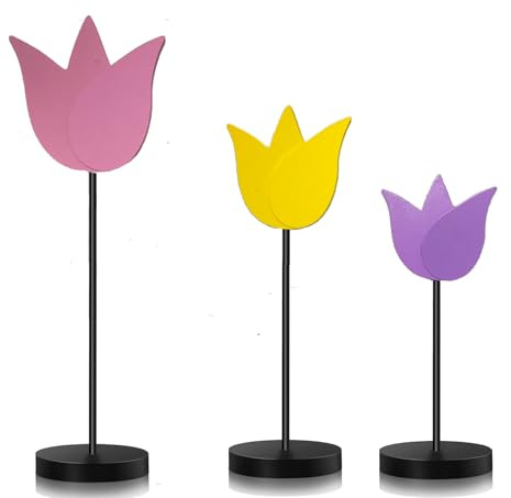 Deauparkoty 3 Stück Frühlingsdeko Tulpen Holzblumen Deko Innen Wohnzimmer Fensterbank Tisch Deko zum Hinstellen Blumen aus Holz Esstisch Decor Tischdeko Modern für Sommer, Frühling, Ostern