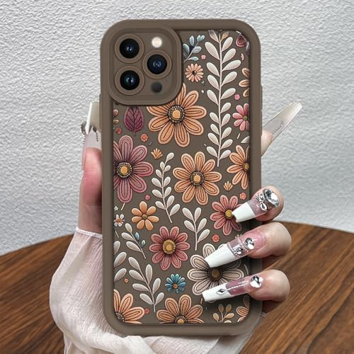 POTOK Handyhülle für iPhone 13 Pro Max Braun, Handyhülle mit Bunten Blüten und Blätter Muster Niedliches Hülle für Frauen Mädchen, Bumper Stoßfeste Schutzhülle für iPhone 13 Pro Max