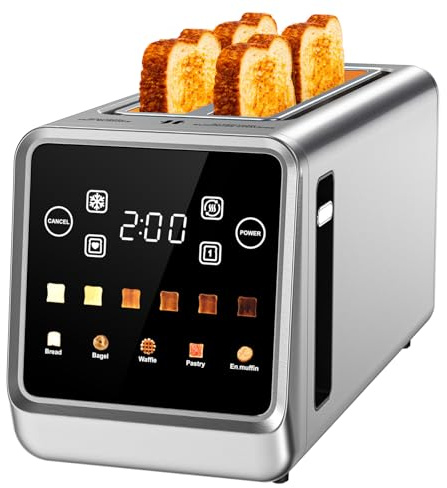 Toaster 4 Slice Long Slot with Digital Touchscreen & 1-Touch Memory for Family | Stainless Steel for Bagels & Artisan Bread | Defrost Reheat & Single-Slice Modes