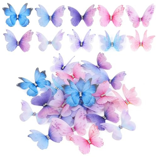 70 Stück Butterfly 3D Sticker mit Strasss, Doppellagiger Organza Stoff | Schmetterling Deko, Wanddeko Aufkleber für Kleidung Applikationen Wanddekoratio Haarspangen (Stil A)