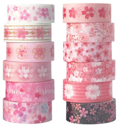 Songdao 12 rouleaux Washi Tape Set, Sakura Masking Tape Scrapbooking Ruban Adhésif Décoratif pour Arts, Bullet Journal, Bricolage, Emballage
