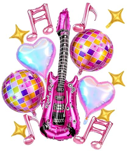 14Pcs Disco Party Balloons Set,Large Inflatable Rock Guitar,Colourful Disco Balls,Music Notes,Star Heart Foil Balloons for 70s80s90s Music Theme Birthday,Hen Party,Karaoke Decorations (disco purple)