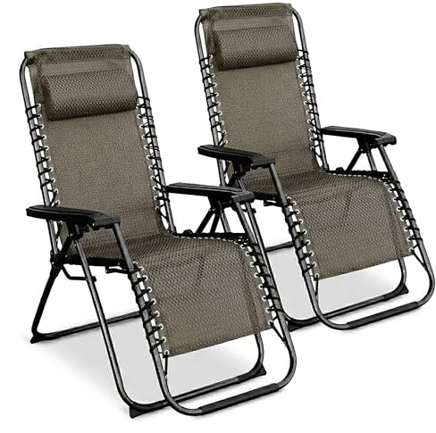 Spetebo Relaxfåtölj med kudde av textiltyg set om 2 stycken 175 x 65 cm – gråbrun – trädgårdsstol med justerbart ryggstöd och fotdel – solstol, hög rygg, trädgårdsstol, liggstol hopfällbar