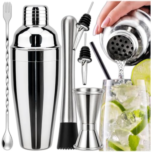 KRUMAD Cocktail Shaker, Cocktail Set für Drinks, Barkeeper, Barset Zubehör | 6 Teiliges, Edelstahl, Shaker 750 ml, mit Messbecher, Barlöffel, Muddler und Ausgießer, für Martini, Margarita