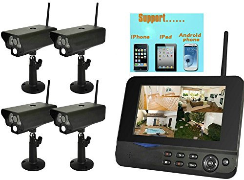BW® Waterproof 4 Channel Digital Wireless Security Camera Combines DVR System(IP54), 7 TFT Monitor integrated Video Recorder, Digital Wireless Home Surveillance with 4 Night Vision Cameras ,7 inch LCD Monitor and PIR Sensors, Via iPhone and Android-based smartphones