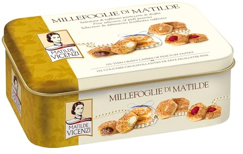 Matilde Vicenzi - Millefoglie di Matilde, Selezione di Raffinata Pasticceria di Sfoglia, Bocconcini e Ciambelline miste in una Elegante Scatola di Latta per un Regalo Goloso, Confezione da 375 gr