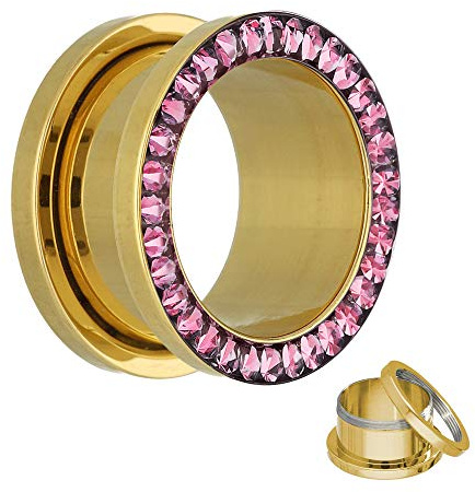 Kristall Flesh Tunnel in Gold - mit Pinken Kristallen - 17 Größen: 2 - 30mm - schraubbar - mit Kristallschutz! - Piercing Ohr Flesh Tunnel aus goldenem Chirurgenstahl 316L (nickelfreier Edelstahl)
