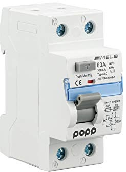 POPP® Electric Interruptor diferencial industrial TIPO AC corriente residual alterna 2 Polo 63A 300mA SERIE MSL8 (1P+N, 63A 300mA)