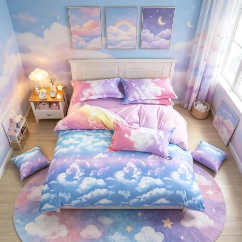 Loussiesd Cloud Sky Duvet Cover Set for Girls Rainbow Bedding Set Kids Comforter Cover Cute Lightweight Soft Pink and SkyBlue Bedroom Decor Lovely Teens Bedspread Cover Double Size Zipper