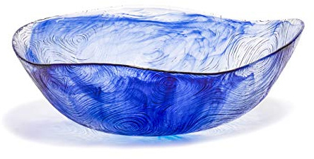 Red Co. Large Blue Etched Wavy Glass Bowl for Fruits and Vegetables, Dining Table Kitchen Decoration, 9.75 x 3.25