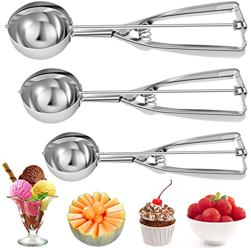 3 Stück Eisportionierer Set aus Edelstahl,Ergonomische Eisportionierer Sicher Eislöffel,Multifunktionaler Keksportionierer für Eiscreme,Muffins,Fleischbällchen,Melonenkugeln,Spülmaschinenfest(A)