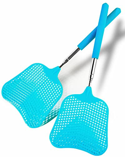 Wapodeai Fliegenklatsche, strapazierfähig, Fliegenklatsche, teleskopische Fliegenklatsche, Edelstahlgriff für Fliegenklatsche, Blau, 2 Stück