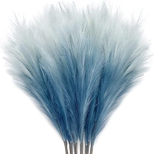 KALYLOC 8Pcs 35.4” Blue Colorful Faux Pampas Grass, Fluffy Artificial Bulrush Branches Boho Decor, Filler Tall Pampas Grass Reed Fluffy Stems for Living Room Wedding Decoration