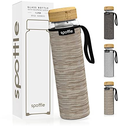 spottle Botella de Agua y Té Vidrio 1L con Infusor Acero Inoxidable | Borosilicato Doble Pared, Funda Neopreno, Apta Lavavajillas y Todo Tipo Bebidas