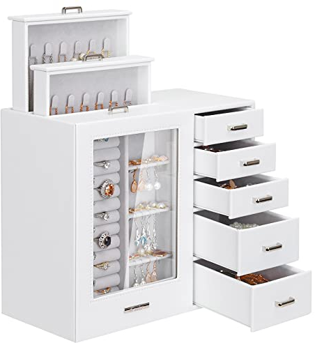 Seelux Schmuckkästchen in Weiß mit 8 Schubladen, Glasfenster für Halsketten, Ringe, Armbänder, Ohrringe Schmuckkoffer Schmuckschatull Schmuckkasten (Weiß)