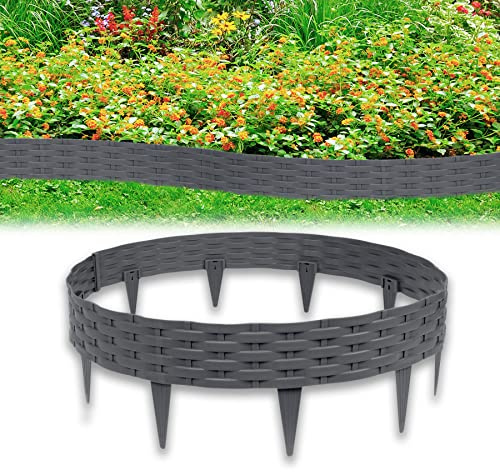 Froadp Rattan Optik Beeteinfassung Rasenkante Set, 100cm Beetumrandungen Kunststoff Rasenkantensteine, Plastik Rasenbegrenzung Beetzaun, Beetabgrenzung Garten Palisaden (35m=35 Stück, Anthrazit)