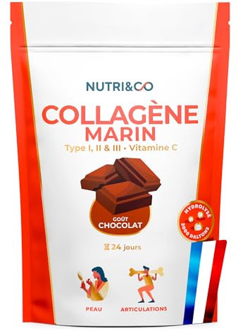 NUTRI & CO Collagene Marin Poudre Types 1, 2, 3 + Vitamine C, Breveté Naticol® & Cartydiss®, Peau Hydratée Soutien Articulaire, Peptides Hydrolysés 2000 DA, 240g Goût Cacao 30jrs, Fabriqué en France