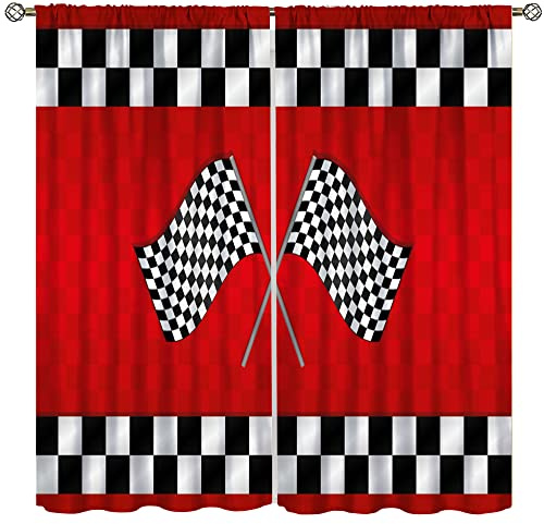 Racerbil barngardiner, pojkar byggfordon fönsterbehandlingar, barn sovrumstillbehör, röd racingflagga draperier 2 paneluppsättningar, 182 x 150 cm