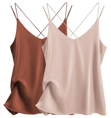 Ekouaer Womens 2 Pack Cross Back Silk Satin Camisole Tank Top V Neck Sexy Spaghetti Strap Cami Sleeveless Lounge Tops Caramel+Champagne