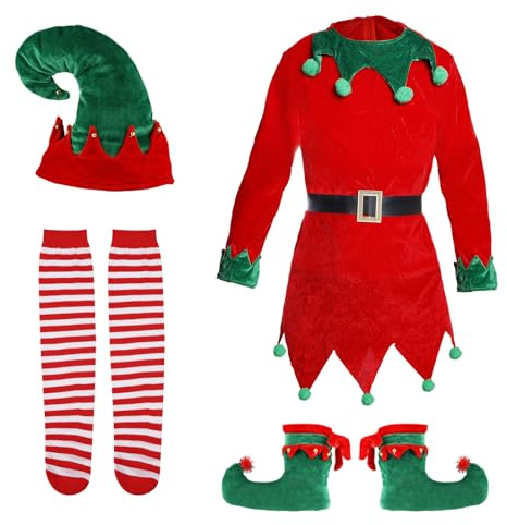 XIHIRCD Set Costume Elfo di Natale, Divertente Abito Cosplay con Cappello da Elfo, Calzini Lunghi a Righe, Scarpe a Campana, per Bambini, Ragazze, Ragazzi, Donne, Bomboniere (Adulto)