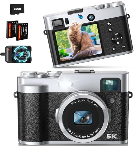 5K Appareil Photo Numérique avec Double Objectif 48MP Caméra Numérique avec Viseur Optique Autofocus Flash Caméra Selfie Compacte avec 32G Carte Chargeur Vlogging Appareil Photo Numérique pour TikTok