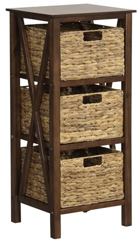 GOFLAME Nightstand with 3 Wicker Storage Baskets, Sofa Side Table with Rubber Wood X-Shaped Frames & Acacia Wood Legs, Bedside Table, End Table for Bedroom, Small Space