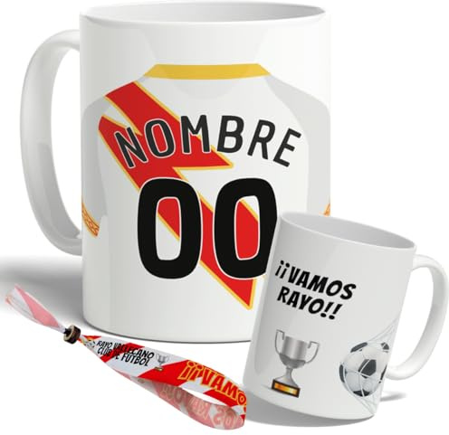 DEREGALOOS Taza Personalizada de Cerámica con Nombre y Número de Fútbol Rayo Vallecano, 330ml, Apto para Microondas y Lavavajillas, Regalo Original para Aficionados del Fútbol