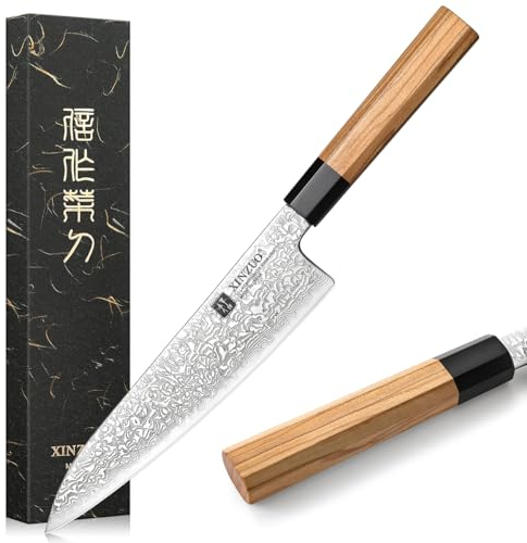 XINZUO 21,5cm Damaststahl Kochmesser, japanischen Stil Chefmesser Profi Küchenmesser, Handgeschmiedet Damastmesser zum Schneiden von Fleisch und Gemüse-Olivenholz und schwarzer Büffelhorngriff