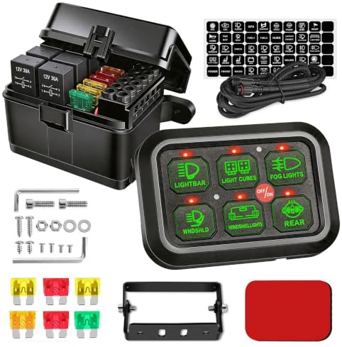 6 Gang Panneau de Commutation 12V, Système de Relais de Contrôle de Circuit Universel avec Panneaux de Commutation Tactiles à Intensité Variable RVB Sept Couleurs pour Voiture Camion SUV Bateau