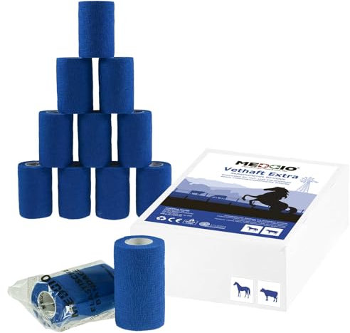 maDDma 12 x Vethaft Extra selbsthaftende Bandage 10cm Haftbandage für Huf- und Klauenpfleger, Tierärzte, Farbe:blau
